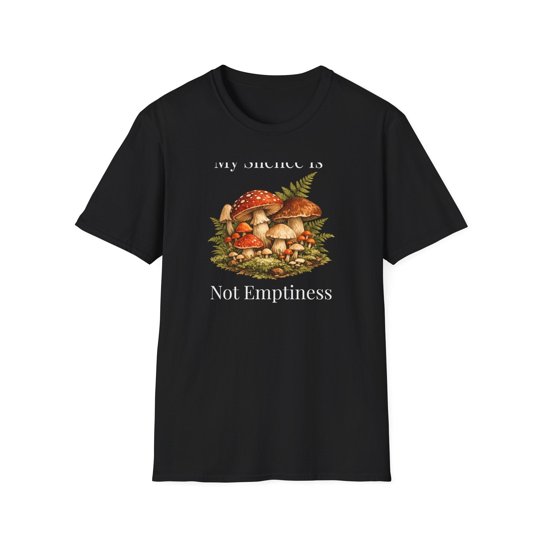 My Silence Is Not Emptiness — Mushroom Forest Botanical T-Shirt for Women