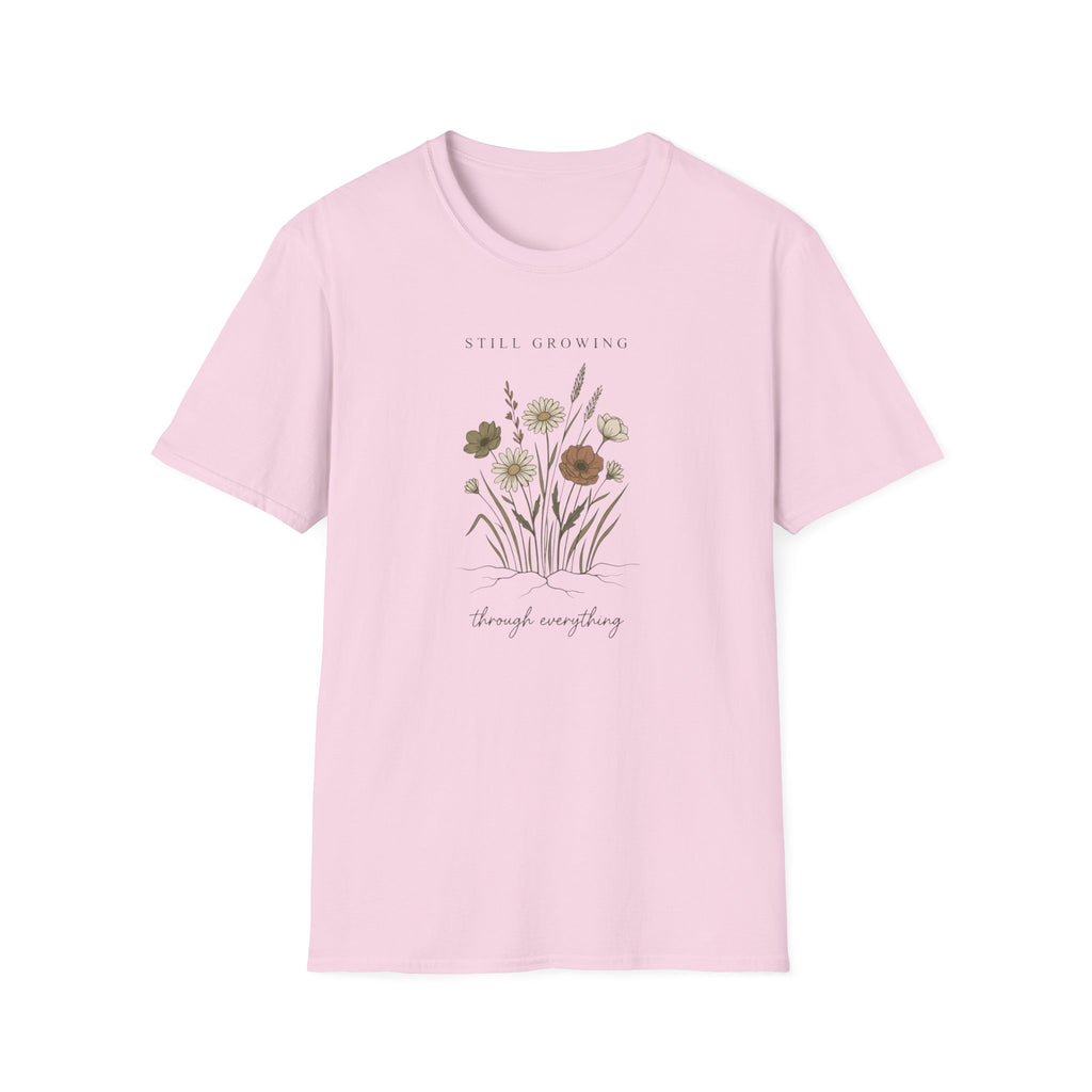 Still Growing Through Everything botanical t-shirt for women
