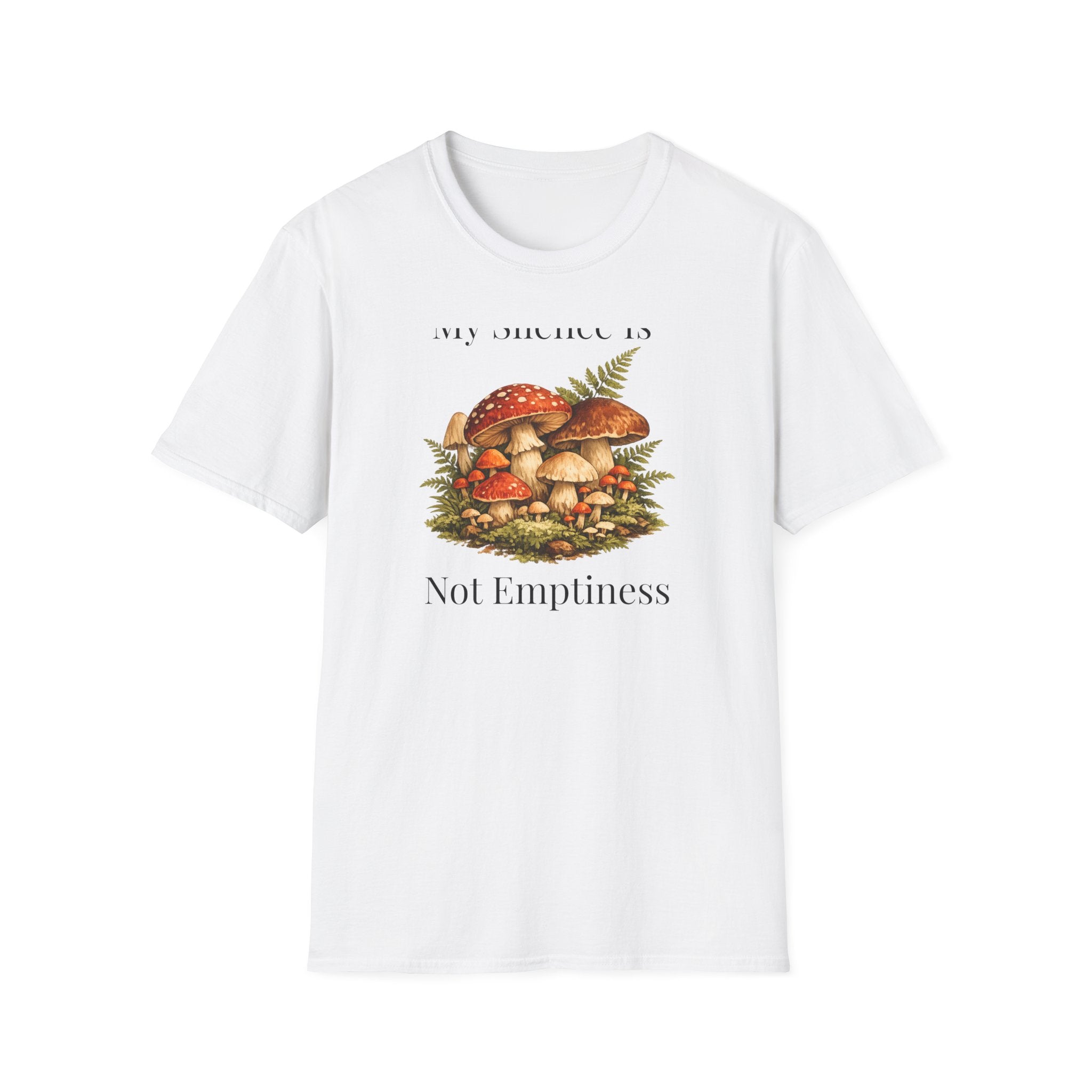 My Silence Is Not Emptiness — Mushroom Forest Botanical T-Shirt for Women