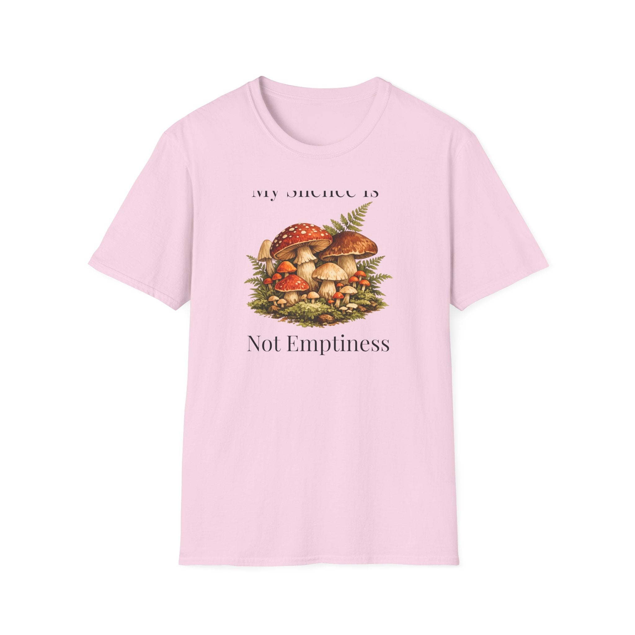 My Silence Is Not Emptiness — Mushroom Forest Botanical T-Shirt for Women