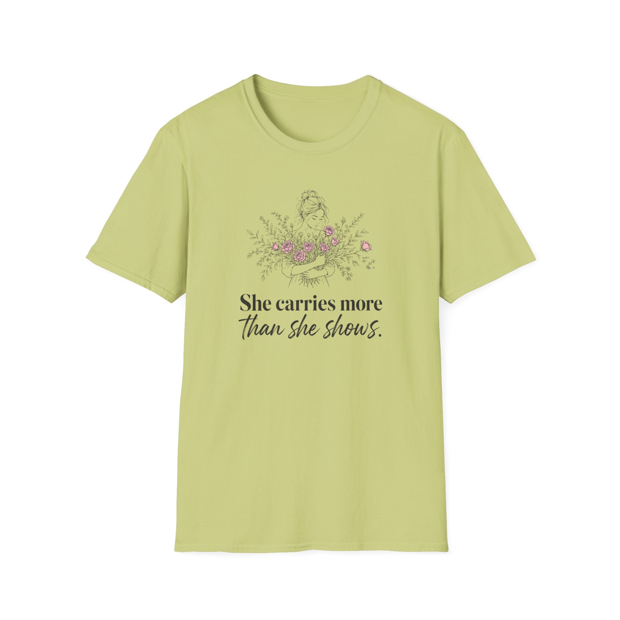 She Carries More Than She Shows botanical t-shirt for women