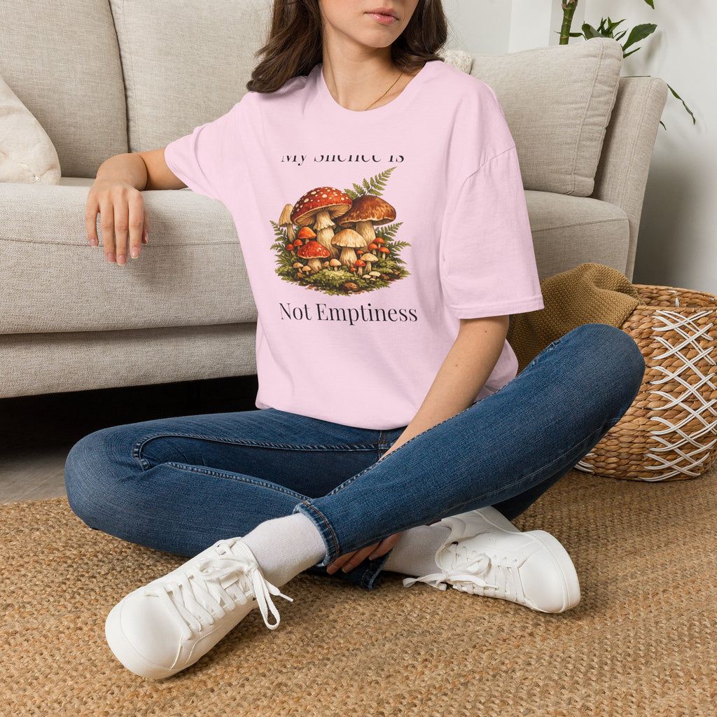 My Silence Is Not Emptiness — Mushroom Forest Botanical T-Shirt for Women