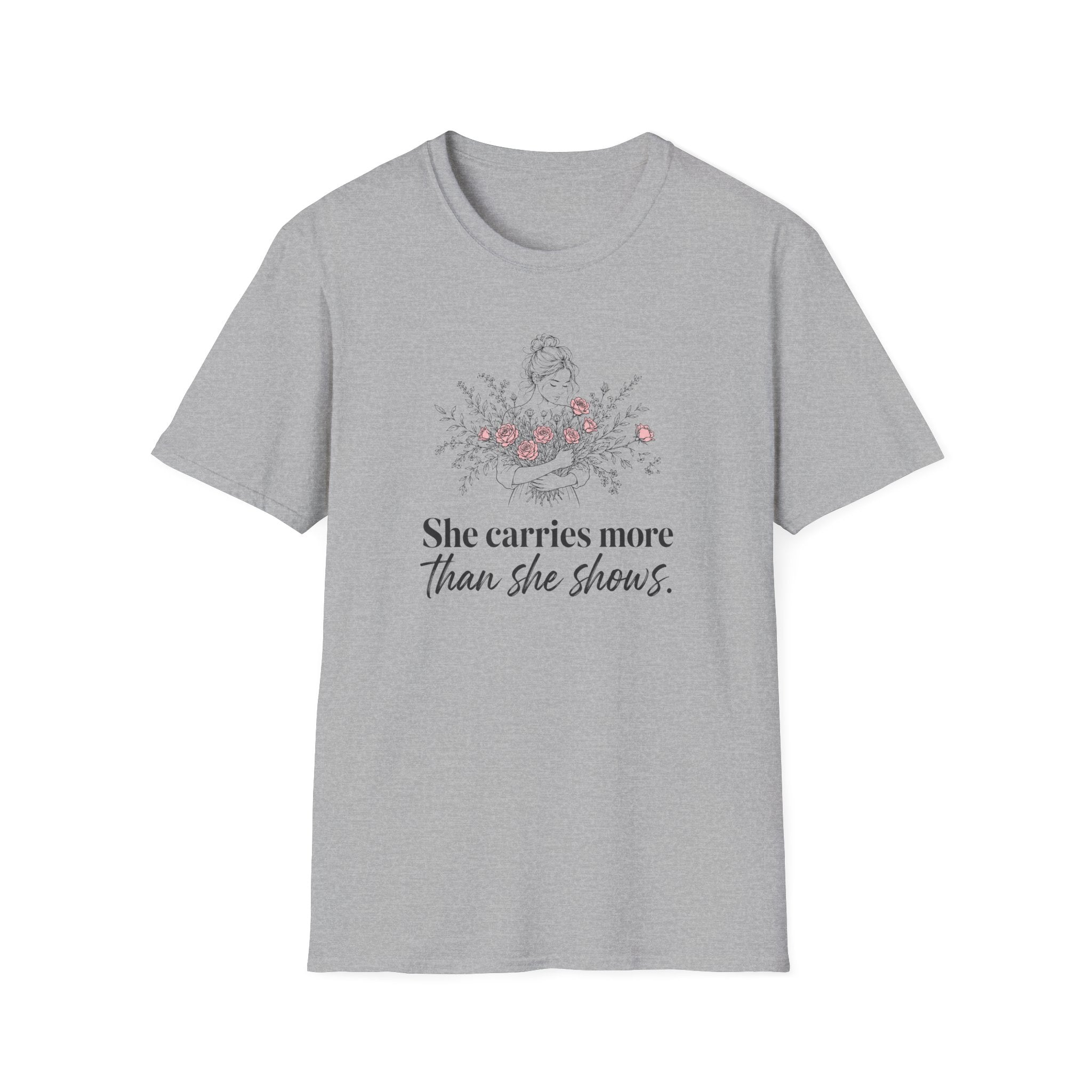 She Carries More Than She Shows botanical graphic tee for women