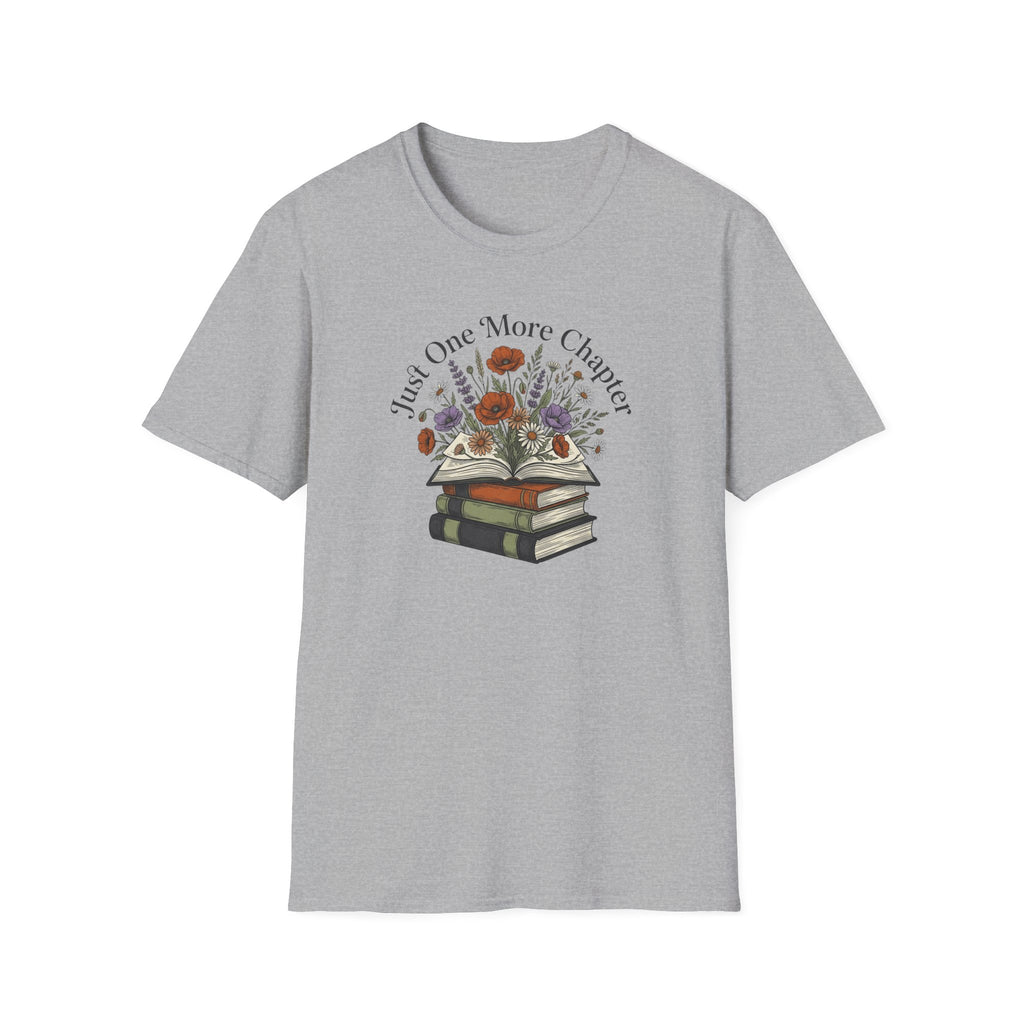Just One More Chapter botanical graphic tee for readers