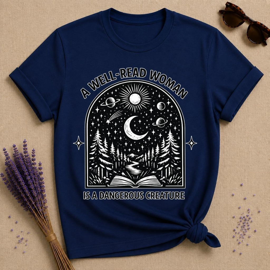 A Well-Read Woman Is a Dangerous Creature — Book Lover T-Shirt for Women in Navy