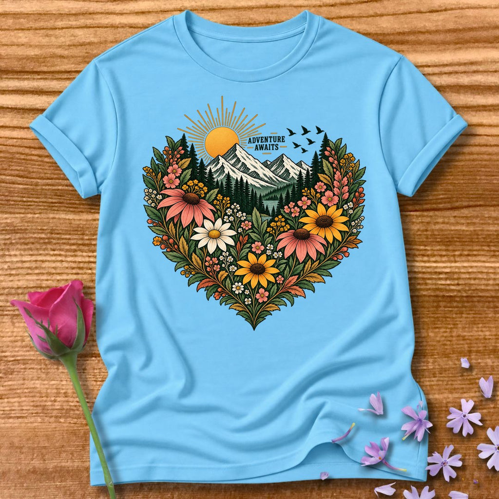Adventure Awaits — Mountain Floral Heart T-Shirt for Women in Sky