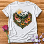 Adventure Awaits — Mountain Floral Heart T-Shirt for Women in White