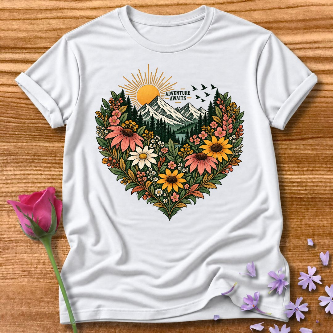 Adventure Awaits — Mountain Floral Heart T-Shirt for Women in White