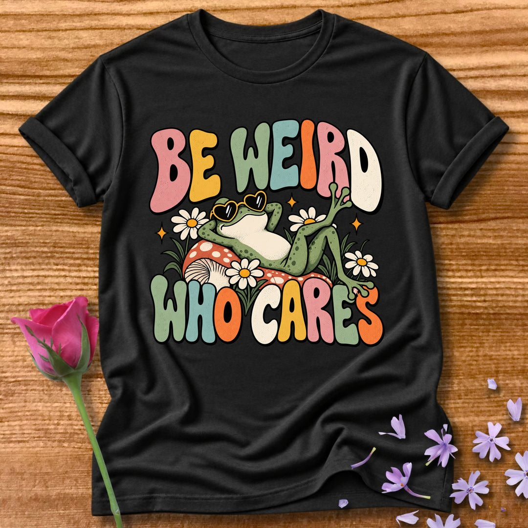 Be Weird Who Cares — Retro Groovy Frog T-Shirt for Women in Black