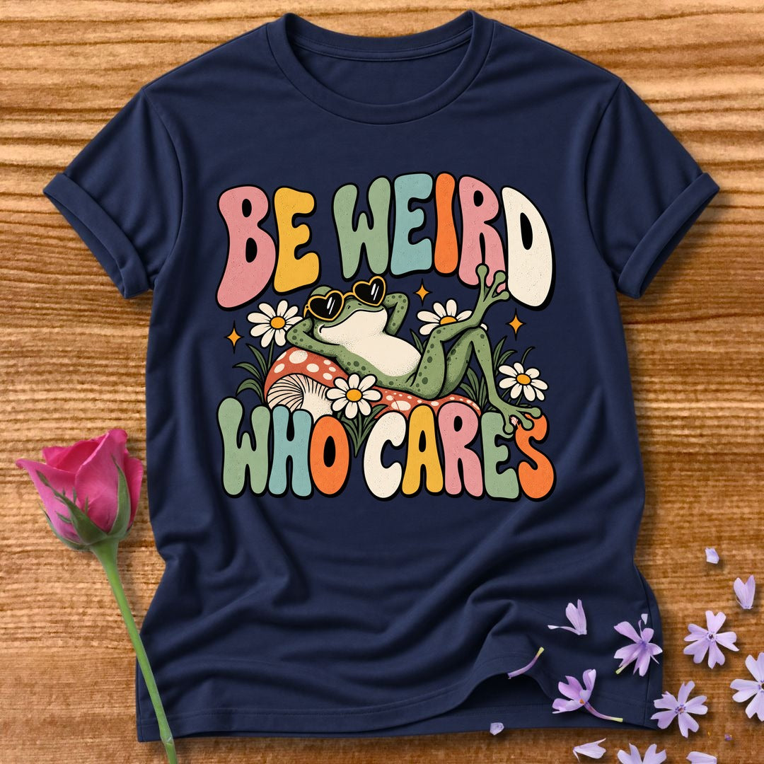 Be Weird Who Cares — Retro Groovy Frog T-Shirt for Women in Navy