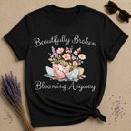 Beautifully Broken Blooming Anyway — Watercolor Resilience T-Shirt for Women in Black