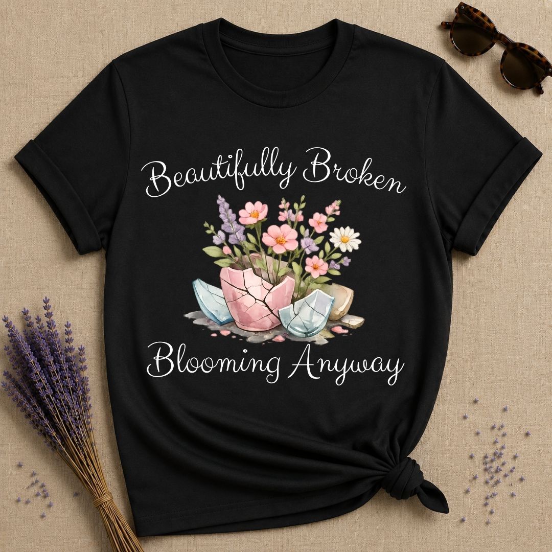 Beautifully Broken Blooming Anyway — Watercolor Resilience T-Shirt for Women in Black