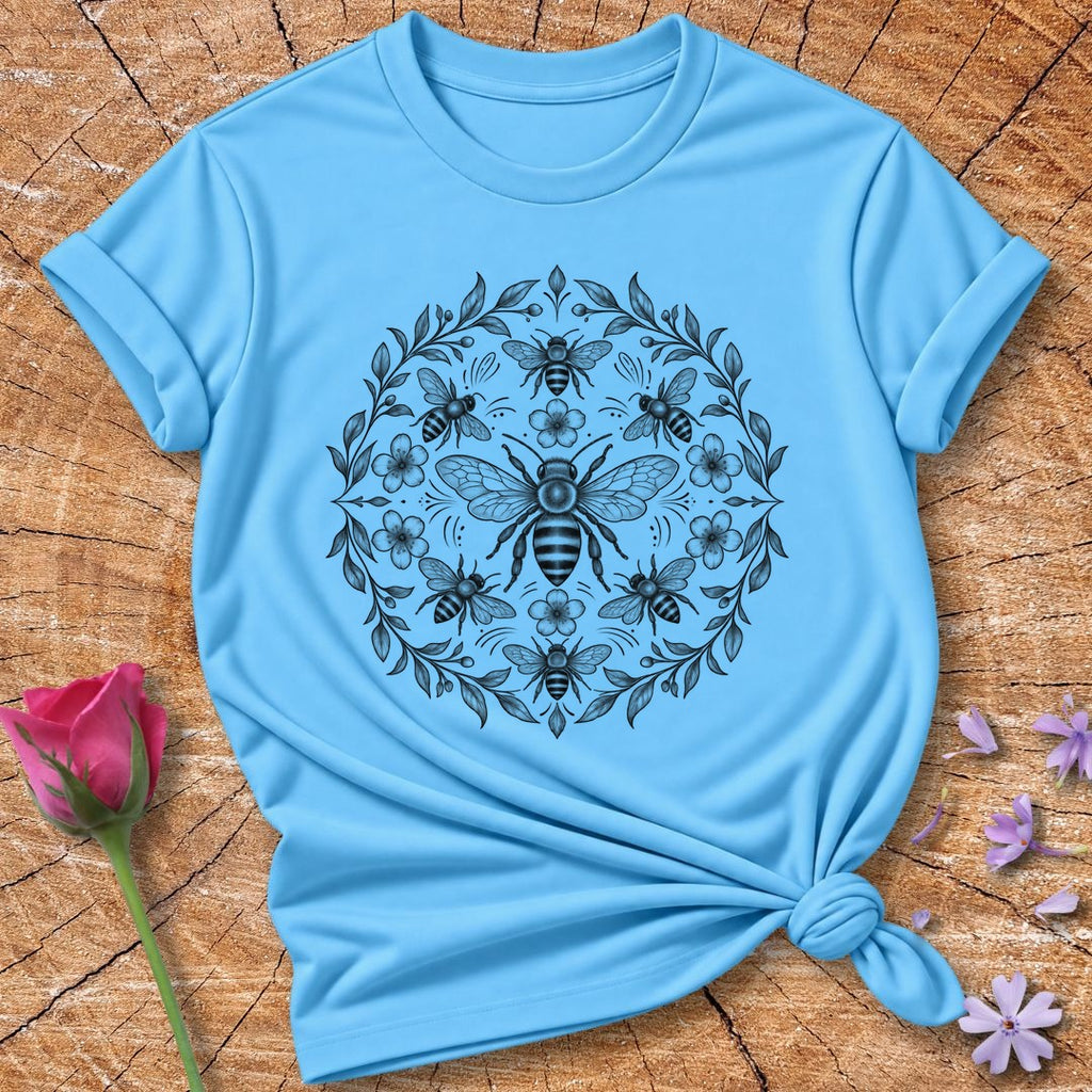 Bee Dance Mandala — Fine Line Symmetrical T-Shirt for Women in Sky