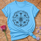 Bee Dance Mandala — Fine Line Symmetrical T-Shirt for Women in Sky