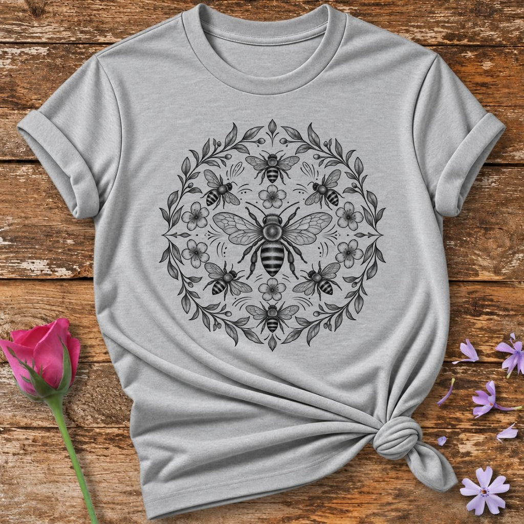 Bee Dance Mandala — Fine Line Symmetrical T-Shirt for Women in Sport Grey