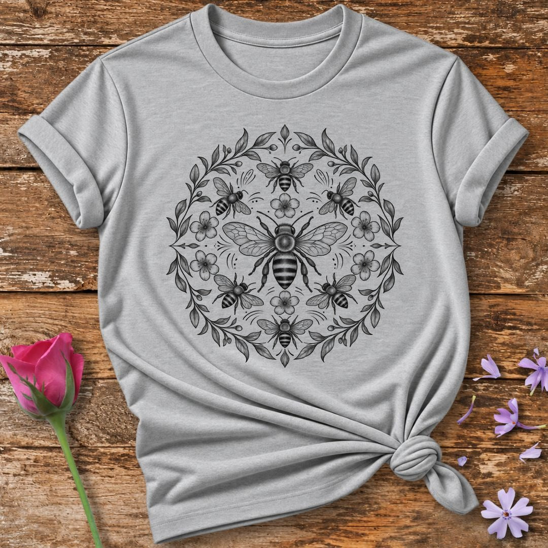 Bee Dance Mandala — Fine Line Symmetrical T-Shirt for Women in Sport Grey