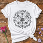 Bee Dance Mandala — Fine Line Symmetrical T-Shirt for Women in White