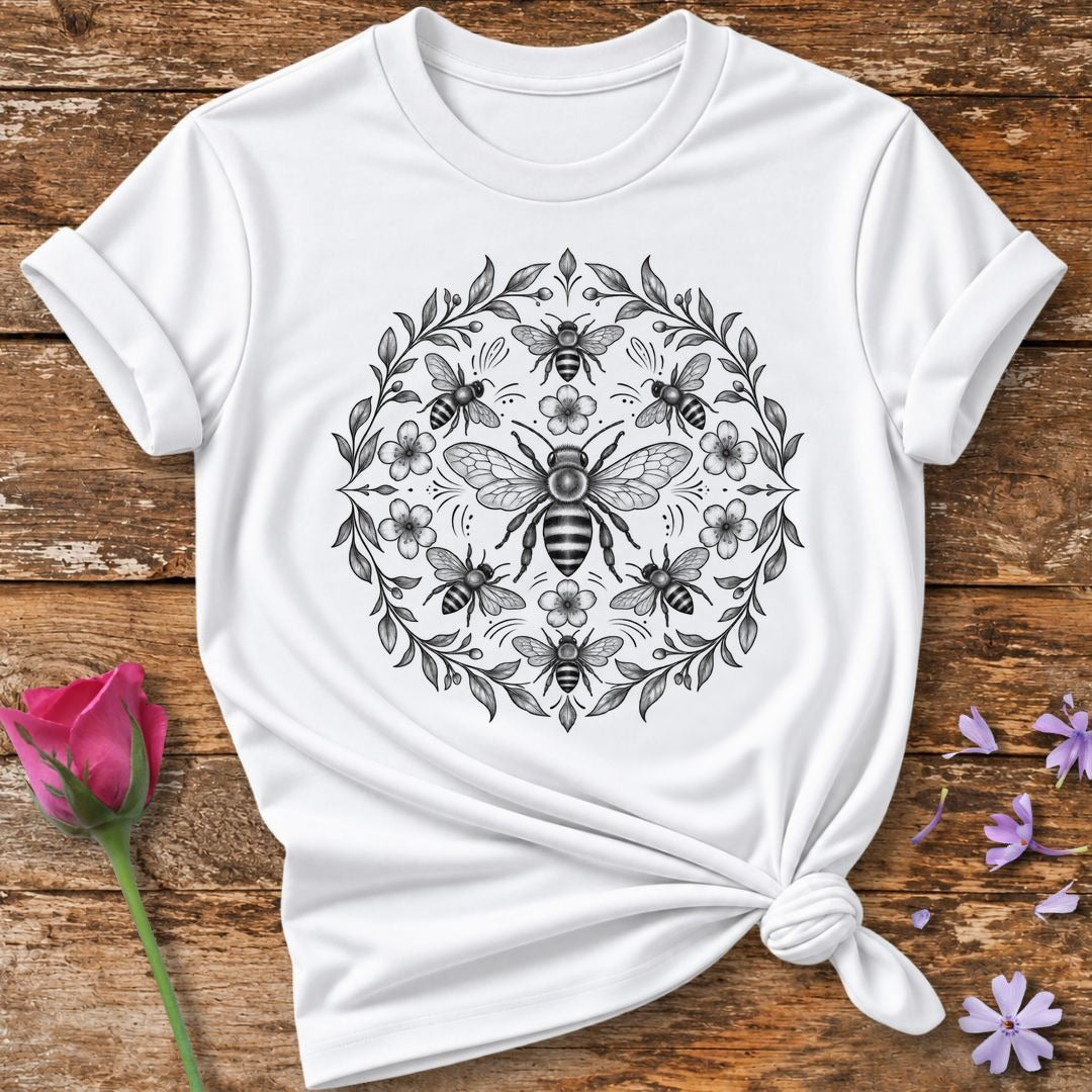 Bee Dance Mandala — Fine Line Symmetrical T-Shirt for Women in White
