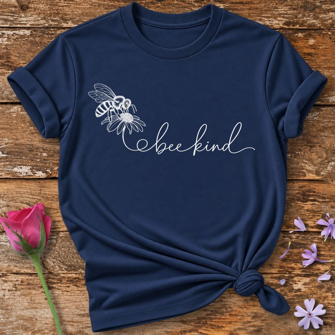 Bee Kind — Black Line Art Daisy T-Shirt for Women in Navy
