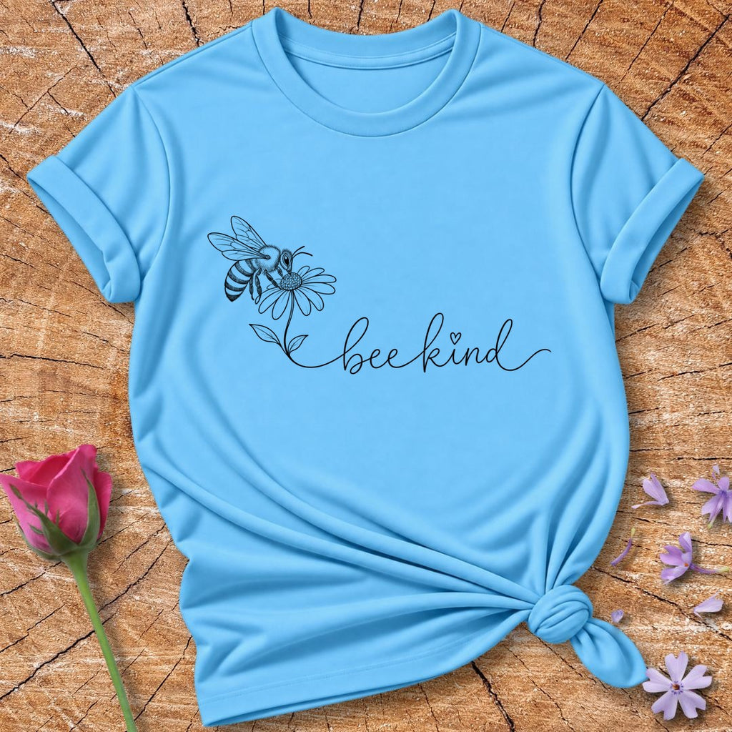 Bee Kind — Black Line Art Daisy T-Shirt for Women in Sky