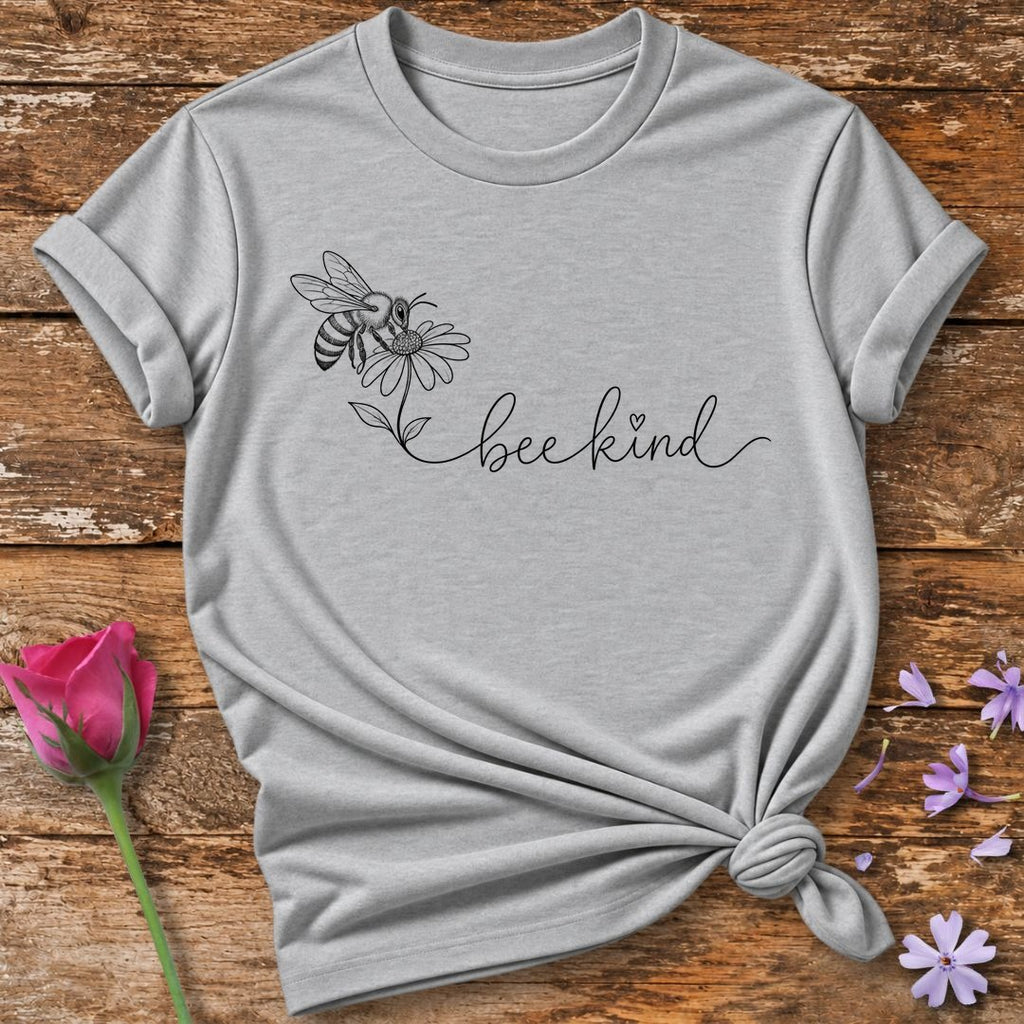 Bee Kind — Black Line Art Daisy T-Shirt for Women in Sport Grey