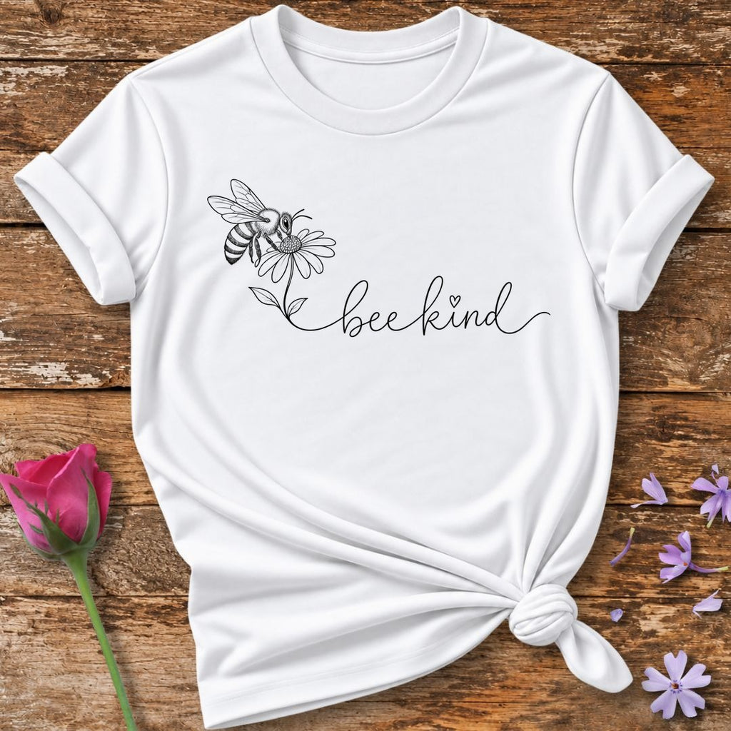Bee Kind — Black Line Art Daisy T-Shirt for Women in White