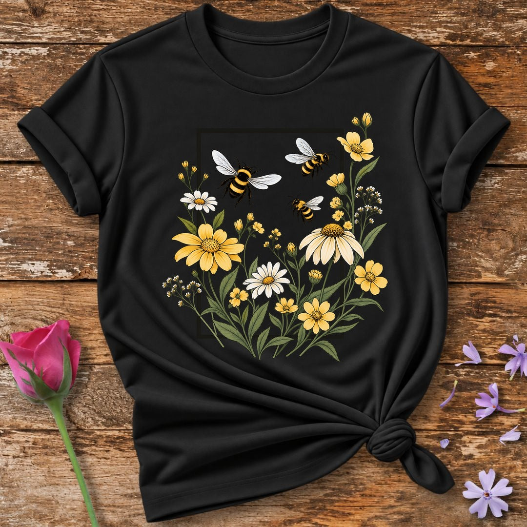 Bees and Daisies in Bloom — Botanical Frame Graphic T-Shirt for Women in Black