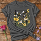 Bees and Daisies in Bloom — Botanical Frame Graphic T-Shirt for Women in Charcoal