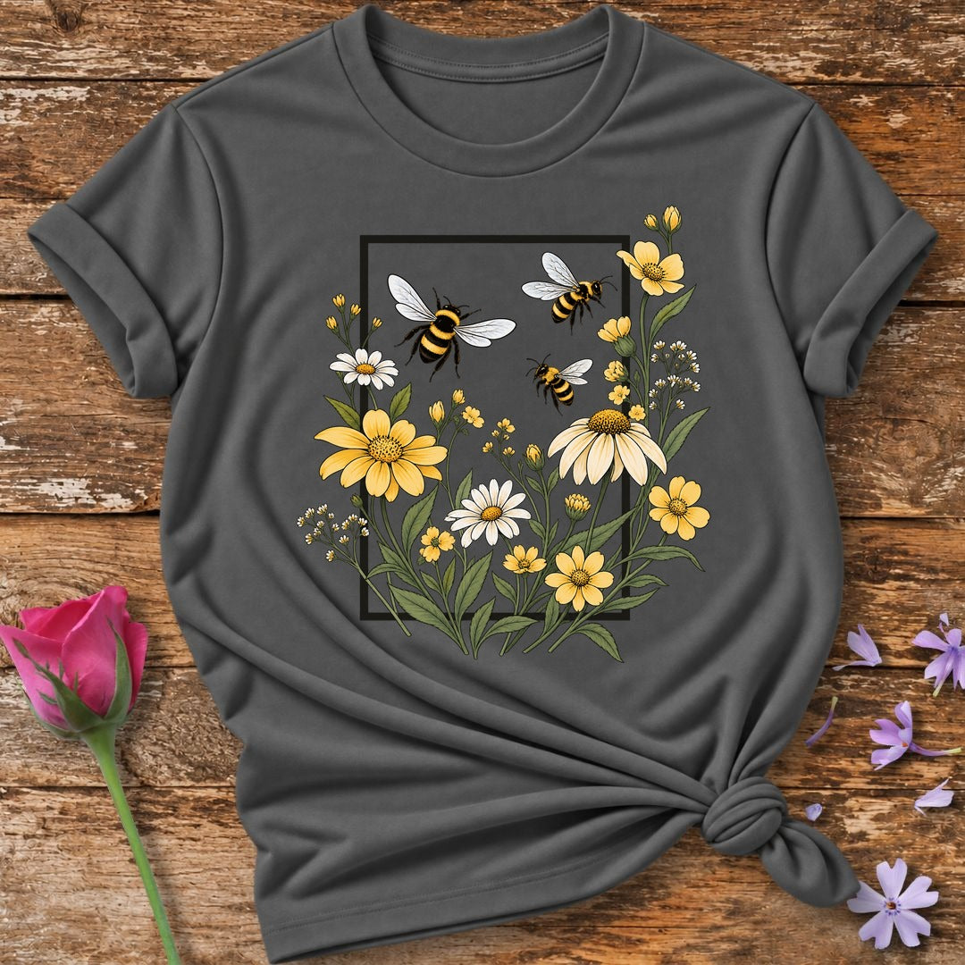 Bees and Daisies in Bloom — Botanical Frame Graphic T-Shirt for Women in Charcoal