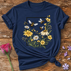 Bees and Daisies in Bloom — Botanical Frame Graphic T-Shirt for Women in Navy