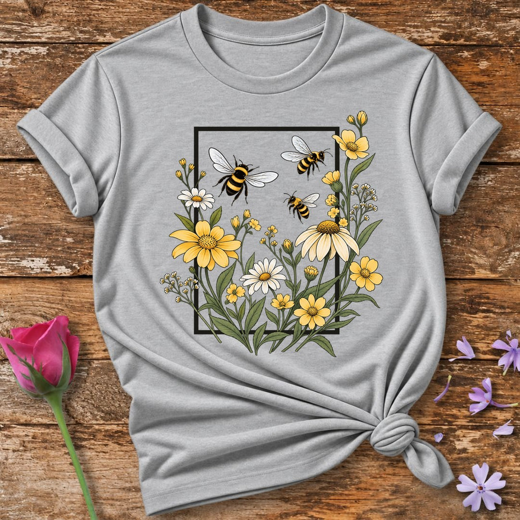 Bees and Daisies in Bloom — Botanical Frame Graphic T-Shirt for Women in Sport Grey