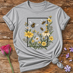 Bees and Daisies in Bloom — Botanical Frame Graphic T-Shirt for Women in Sport Grey