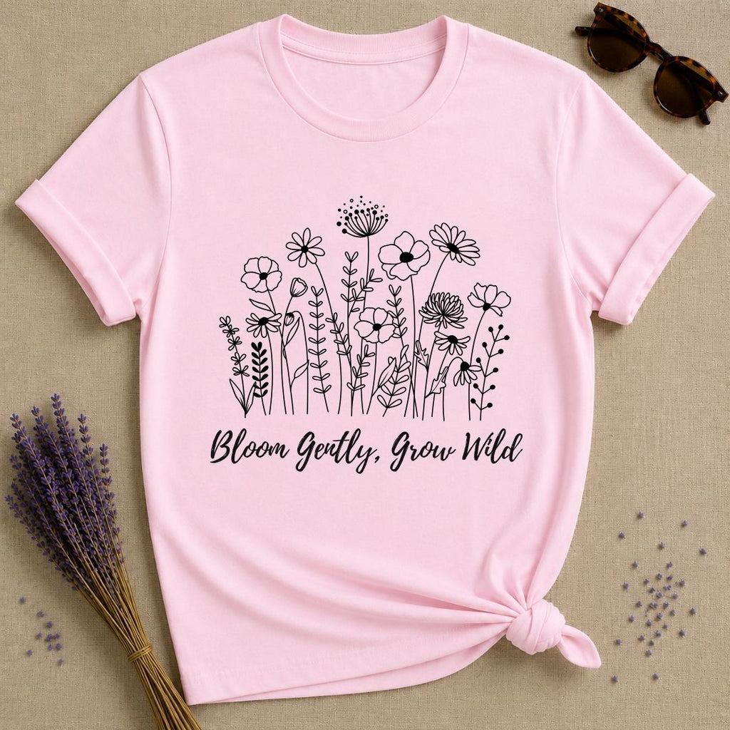 Bloom Gently Grow Wild wildflower botanical t-shirt for women