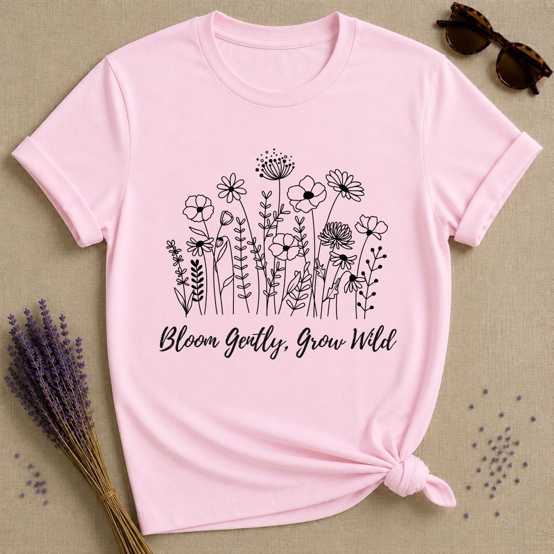 Bloom Gently Grow Wild wildflower botanical t-shirt for women