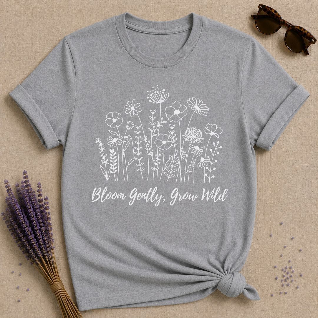 Bloom Gently Grow Wild botanical graphic t-shirt for women