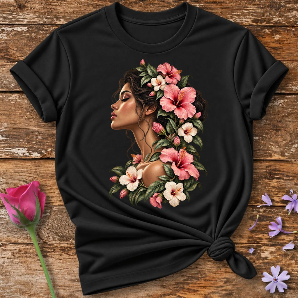 Bloom Through the Dark — Painterly Self-Acceptance T-Shirt for Women in Black
