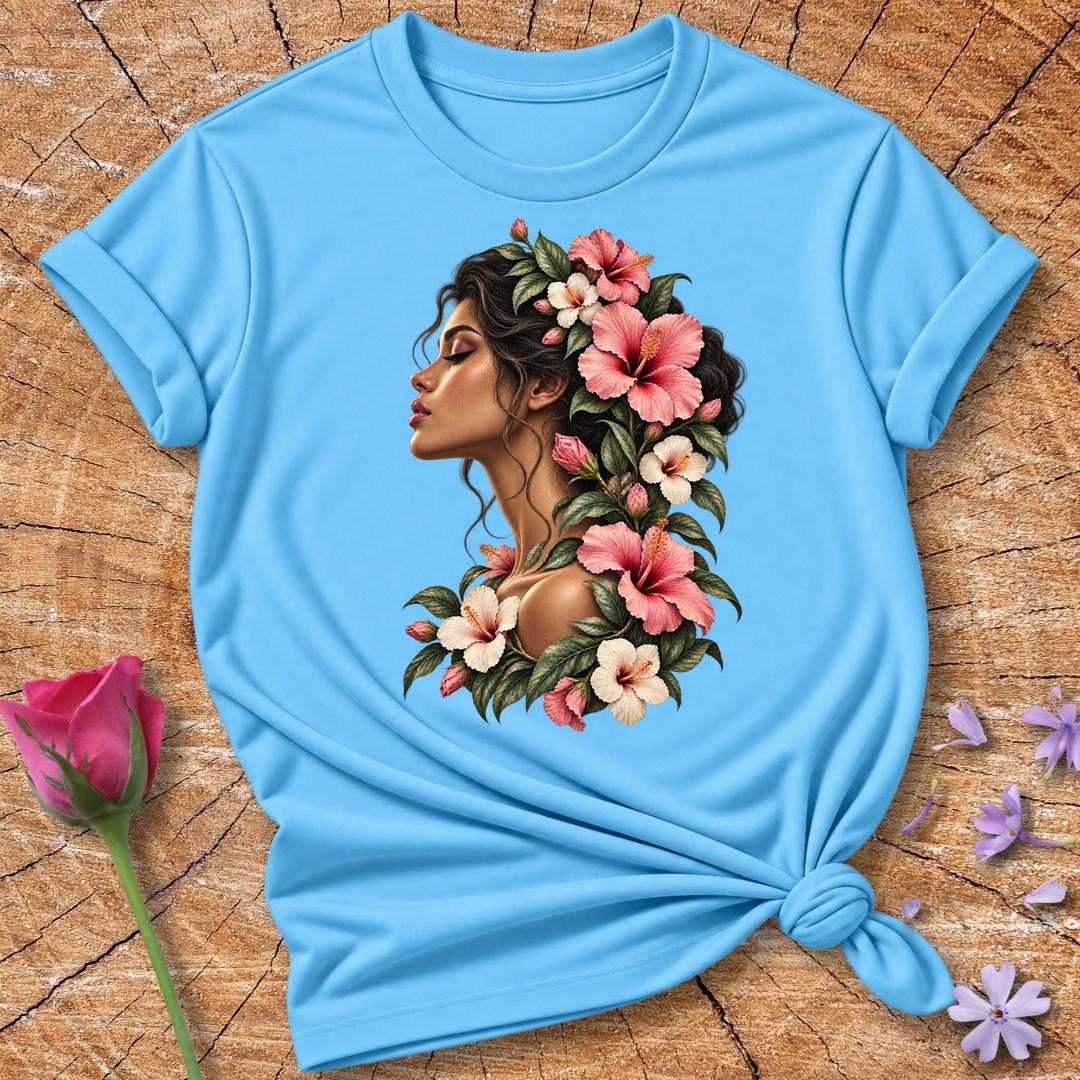 Bloom Through the Dark — Painterly Self-Acceptance T-Shirt for Women in Sky