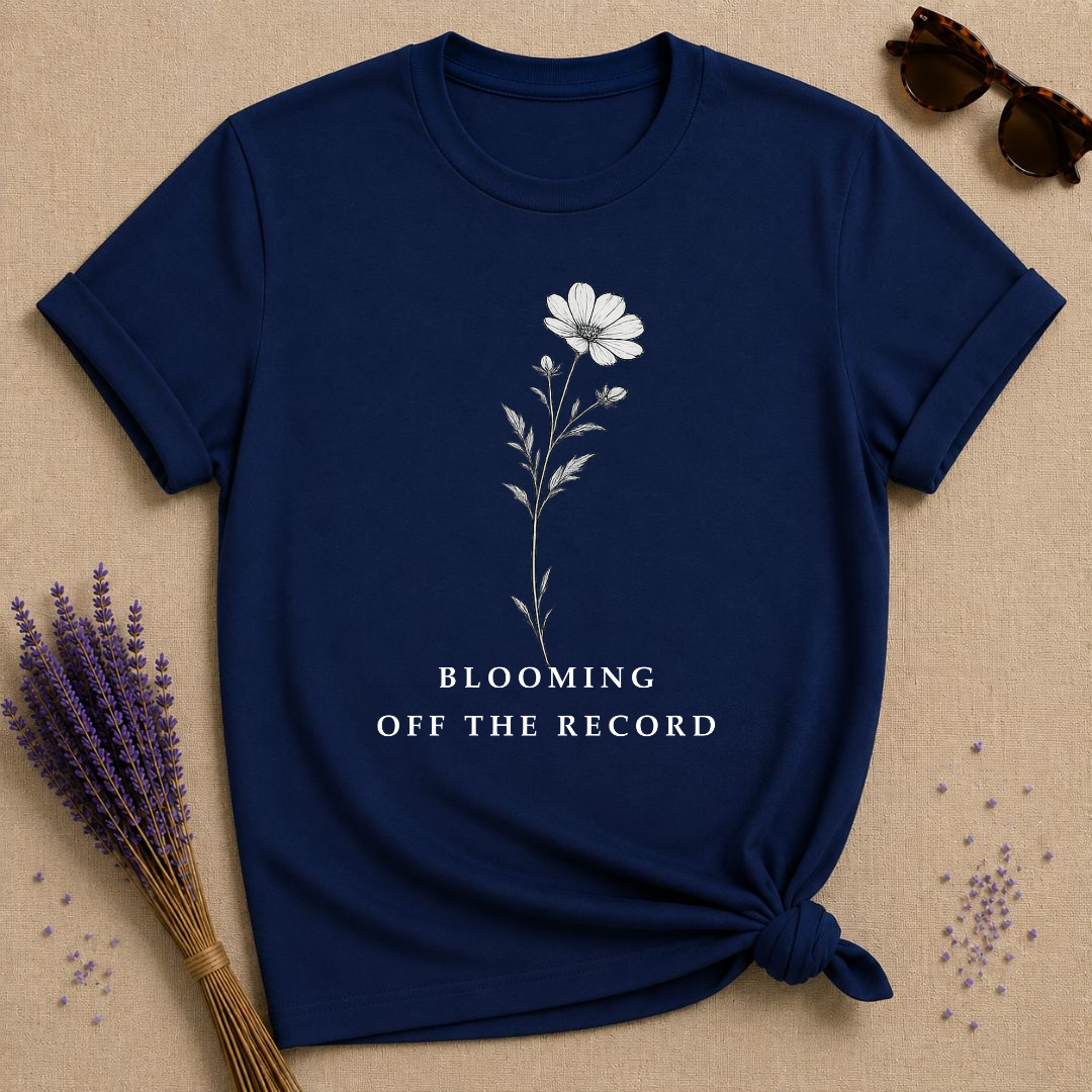 Blooming Off The Record — Vintage Botanical Floral T-Shirt for Women — Navy