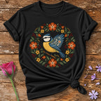 Blue Tit in Bloom Wreath — Folk-Art Bird T-Shirt for Women in Black