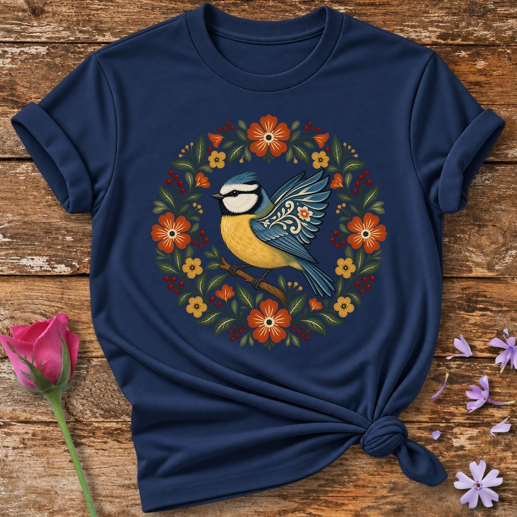 Blue Tit in Bloom Wreath — Folk-Art Bird T-Shirt for Women in Navy