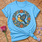 Blue Tit in Bloom Wreath — Folk-Art Bird T-Shirt for Women in Sky