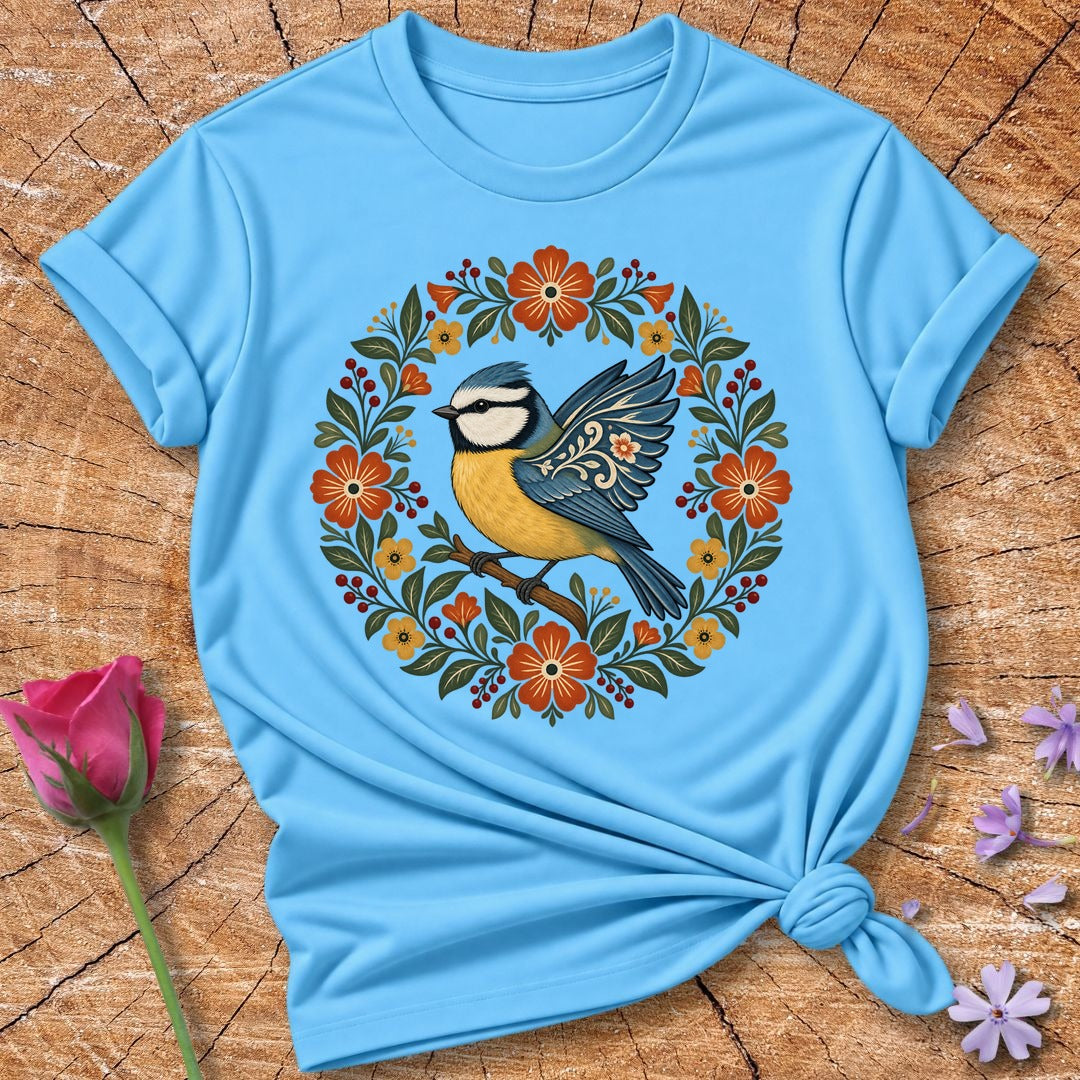 Blue Tit in Bloom Wreath — Folk-Art Bird T-Shirt for Women in Sky