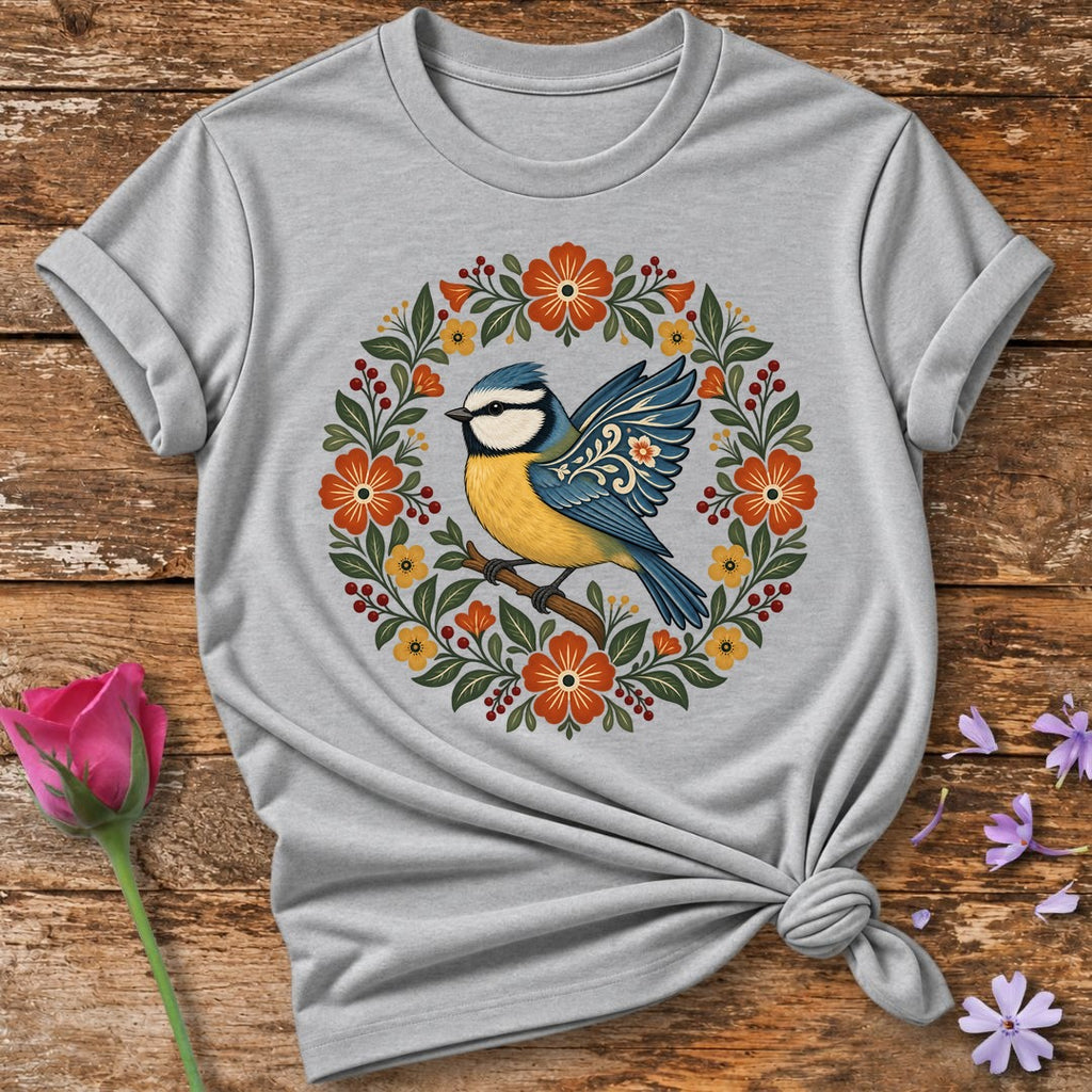Blue Tit in Bloom Wreath — Folk-Art Bird T-Shirt for Women in Sport Grey