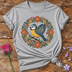 Blue Tit in Bloom Wreath — Folk-Art Bird T-Shirt for Women in Sport Grey