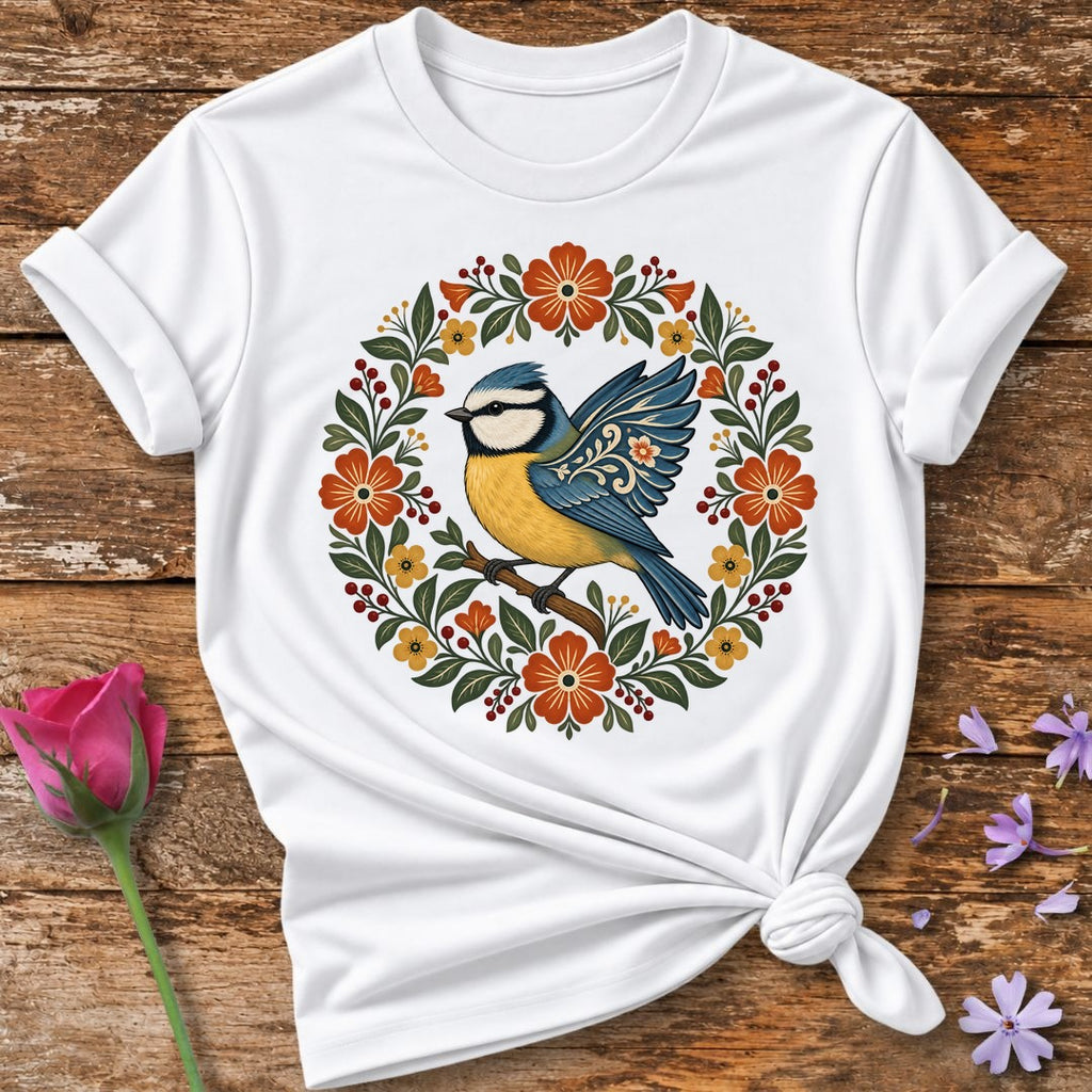 Blue Tit in Bloom Wreath — Folk-Art Bird T-Shirt for Women in White