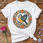 Blue Tit in Bloom Wreath — Folk-Art Bird T-Shirt for Women in White