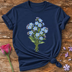 Blue Wildflower Bouquet — Watercolor Botanical T-Shirt for Women in Navy