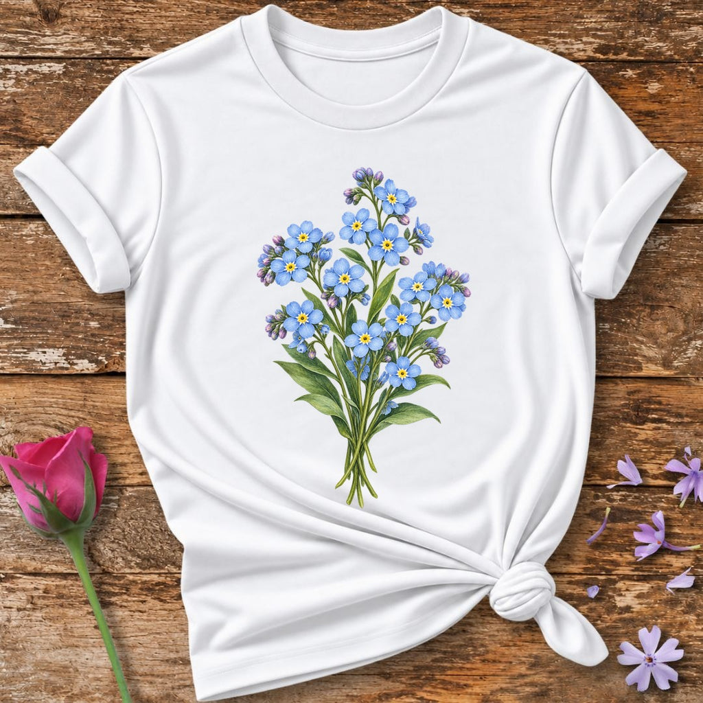 Blue Wildflower Bouquet — Watercolor Botanical T-Shirt for Women in White