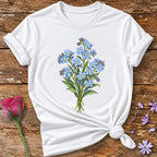 Blue Wildflower Bouquet — Watercolor Botanical T-Shirt for Women in White