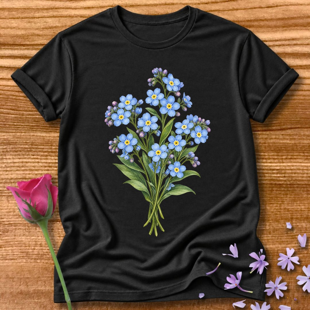 Blue Wildflower Bouquet — Watercolor Botanical T-Shirt for Women in Black